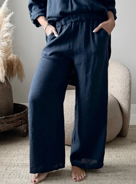 Lněné kalhoty Paloma tm. modré