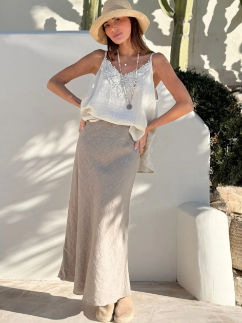 Lněná sukně Pencil taupe